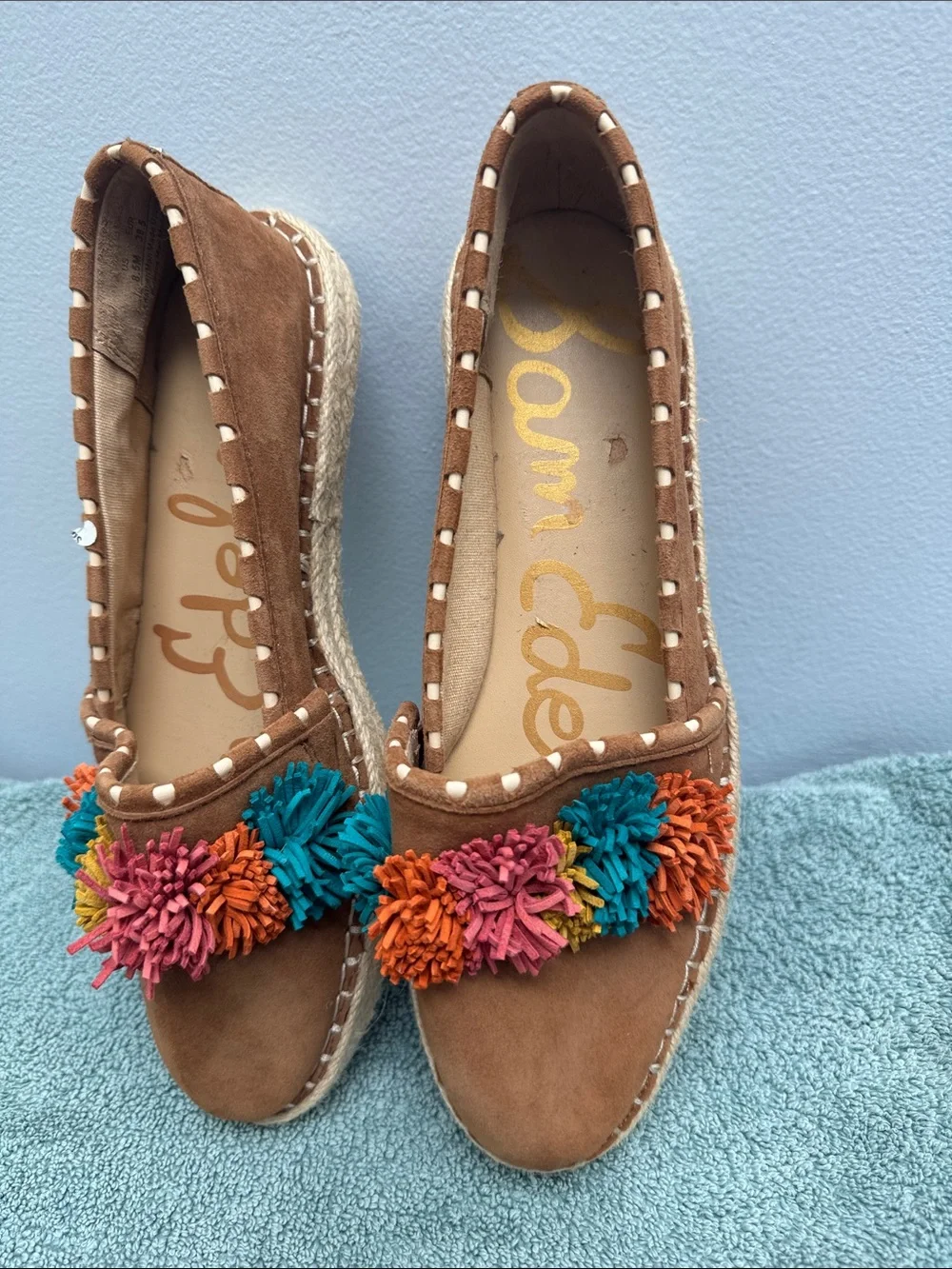 Sam Edelman Tan Suede Espadrille Loafers with Multicolor Pom Poms